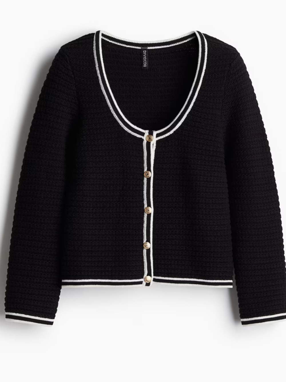 Black Cardigan with White Trim and Gold Buttons
